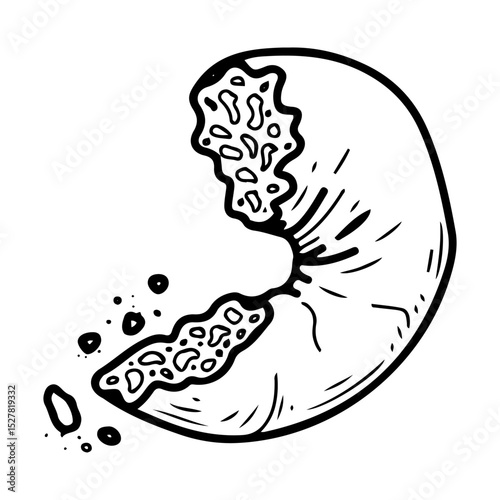 Bagel bitten off piece with crumbs. Hand drawn doodle vector. Baked tasty food for breakfast. Bread ring. Confectionery round bun. Bakery cafe menu. Illustration line art element.
