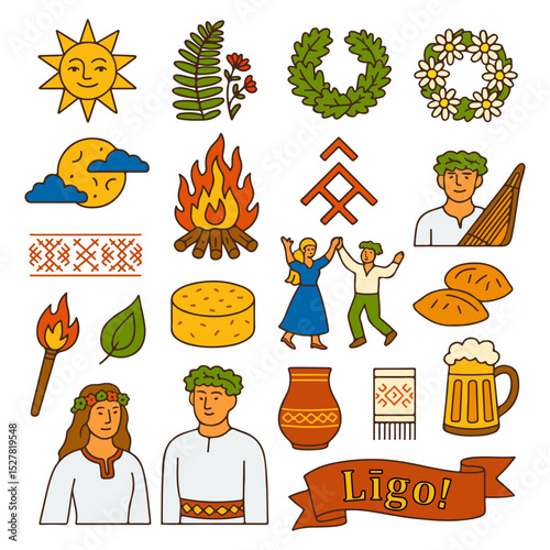 Ligo Festival Icons – Latvian Midsummer Symbols. Icon set featuring traditional Latvian Ligo celebration elements: sun, fire, cheese, kokle, floral wreaths, folklor symbols. Midsummer celebration