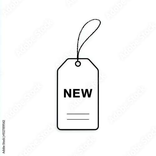 A tag with the word NEW on it. The tag is hanging from a string. The tag is white and black