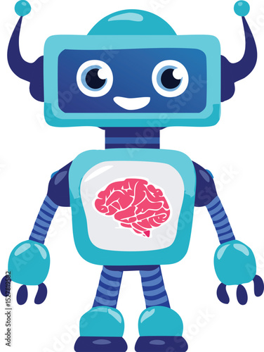 Flat vector illustration of a cute, friendly robot with a glowing brain or eyes, symbolizing artificial intelligence and helpful technology