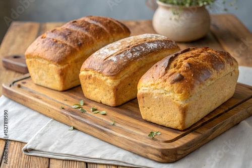 Three freshly baked loaves of artisan olive oil bread sit atop a rustic wooden board. The golden brown crust and neatly scored tops evoke the aroma of a cozy bakery