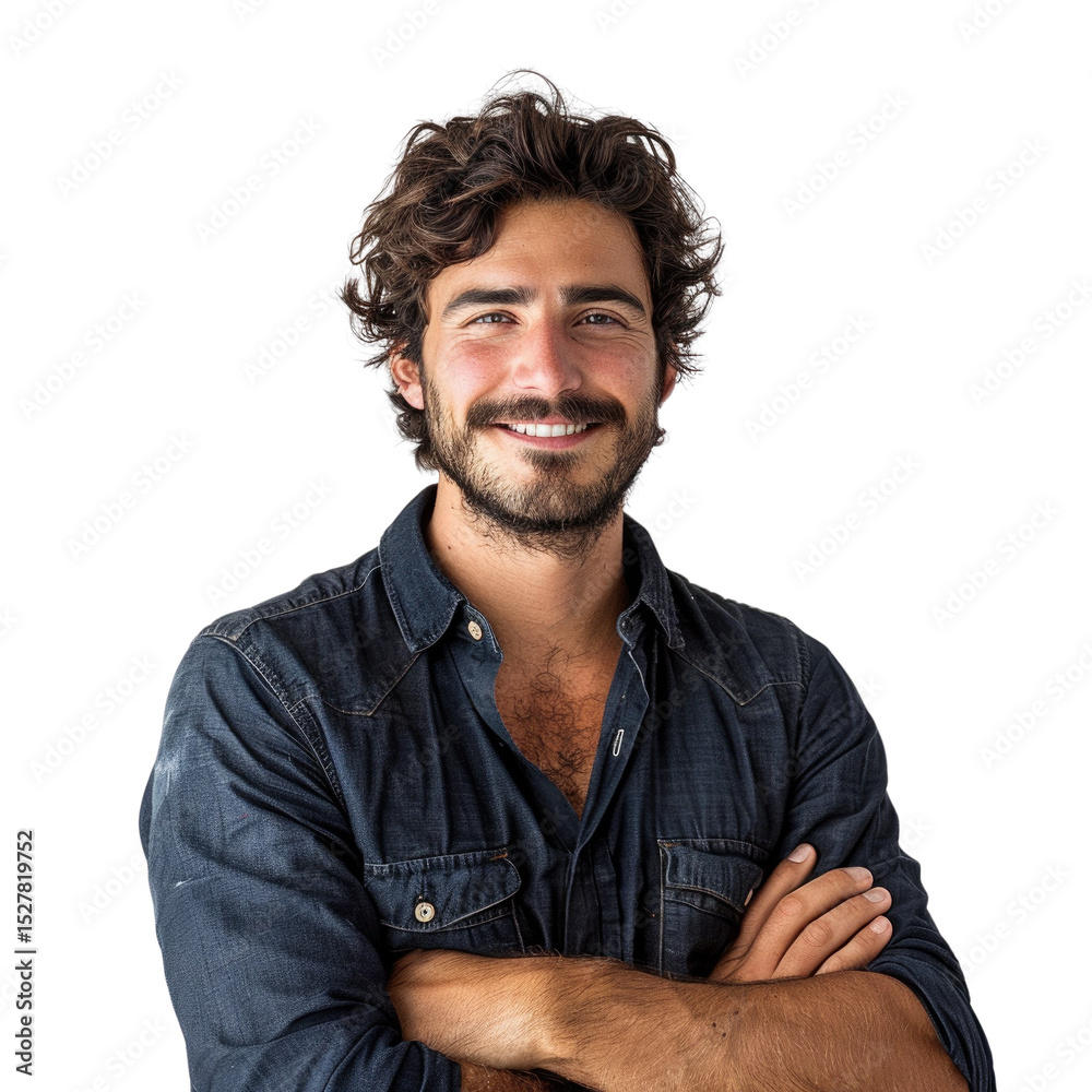 Obraz premium A smiling man with curly brown hair, wearing a dark denim shirt, arms crossed. background removed