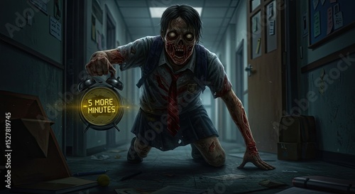 Horrifying undead schoolgirl in a school hallway holding a glowing alarm clock