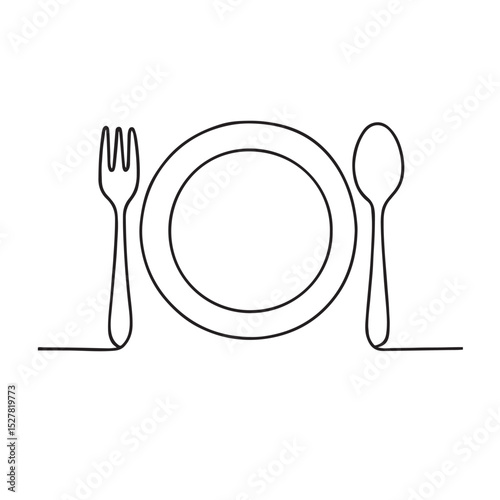 Minimalist Line Drawing of Plate, Fork and Spoon Dining Concept