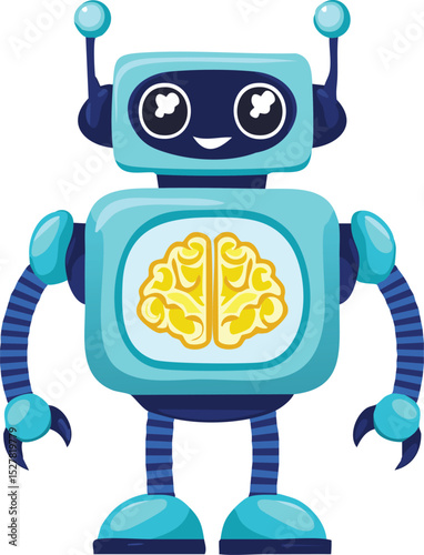 Flat vector illustration of a cute, friendly robot with a glowing brain or eyes, symbolizing artificial intelligence and helpful technology