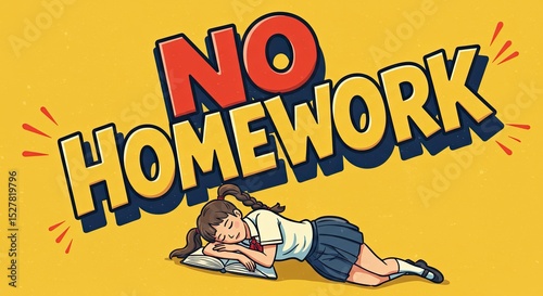 Illustration of a tired schoolgirl sleeping on a book with 