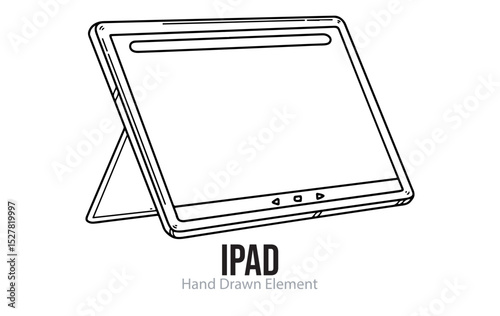 Tablet or ipad hand drawn sketch, editable, black line, outline, simple design, electronic device, technology