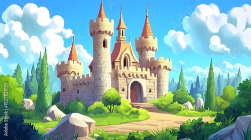 Fairytale cartoon castle surrounded by lush greenery against a blue sky backdrop