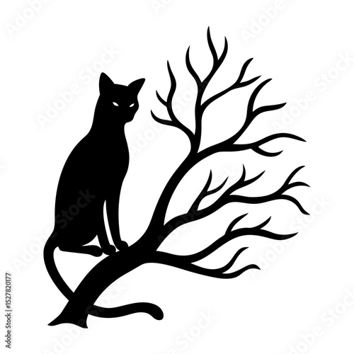 Silhouette of a black cat perched on a bare tree branch in the night