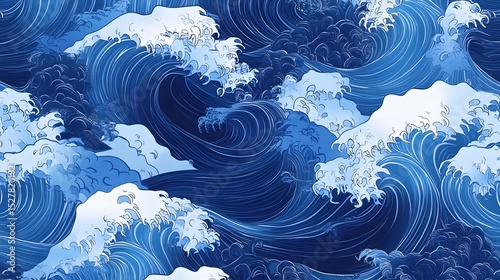 Dynamic blue and white ocean wave illustration with swirling water patterns