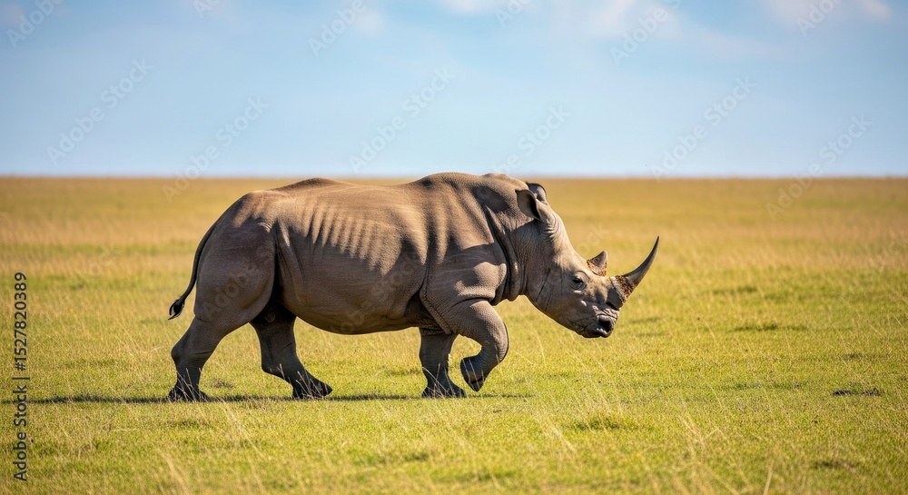 Obraz premium Majestic Rhinoceros Captured Mid Stride Vast Sun Drenched Meadow