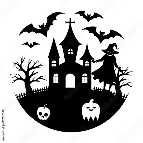 Silhouette of halloween scene with witch castle pumpkins and flying bats