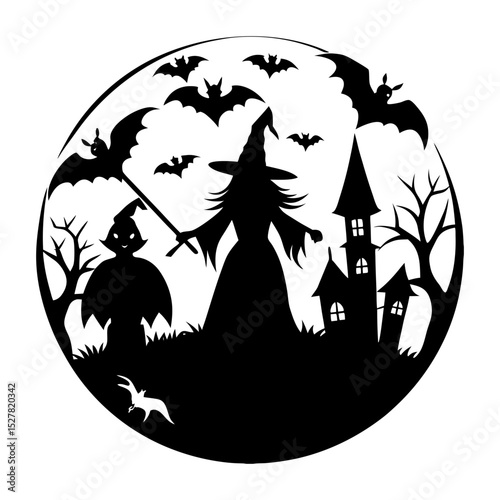 Silhouette of witch with bats and haunted house in halloween scene
