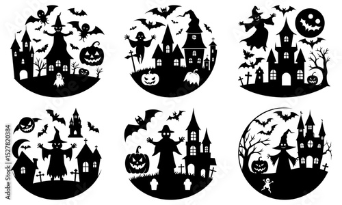Collection of halloween themed silhouette designs in oval shapes art