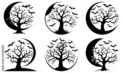 Silhouetted trees with bats and crescent moons in various oval frames