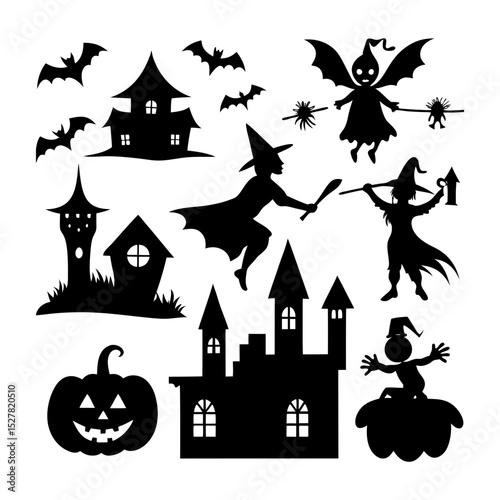 Silhouetted halloween themed vector art featuring witches and castles