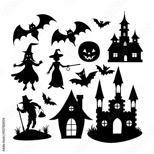 Silhouette halloween set featuring witches bats castles and pumpkin face