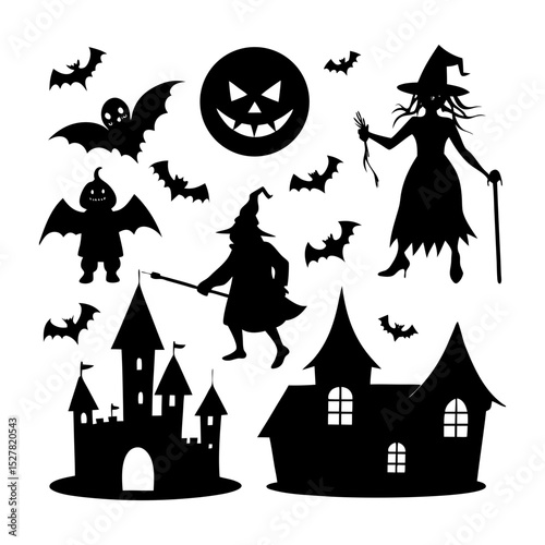 Silhouette halloween scene with witches bats castles and pumpkin moon