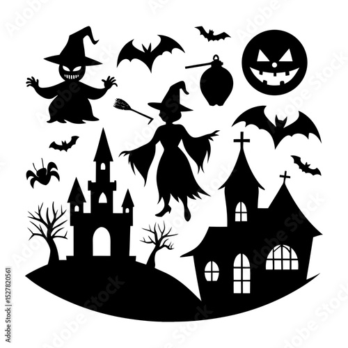 Silhouette halloween scene with witch, bats, castles and pumpkin face