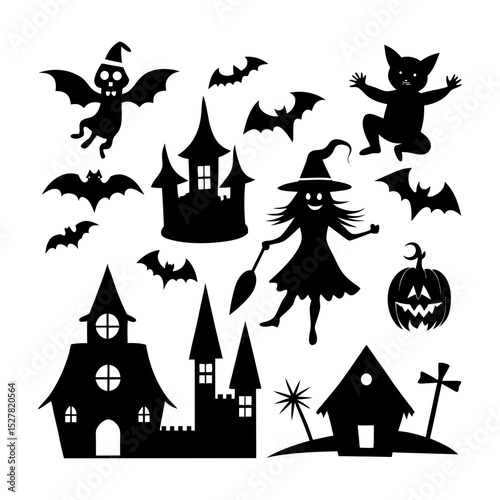 Silhouette halloween scene with witch bats castles and spooky elements