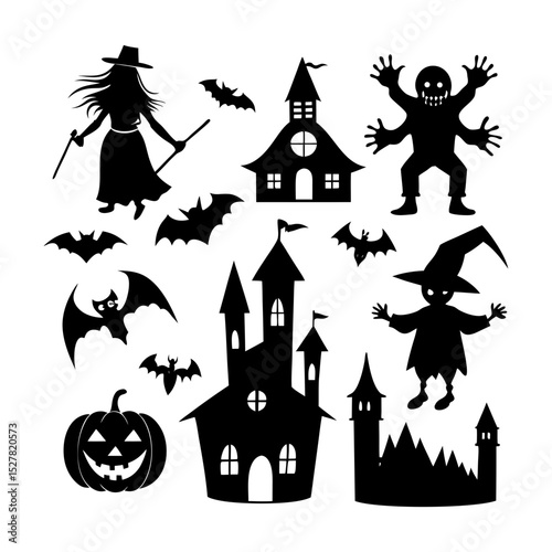 Silhouette halloween scene with witch bats castles and other spooky icons