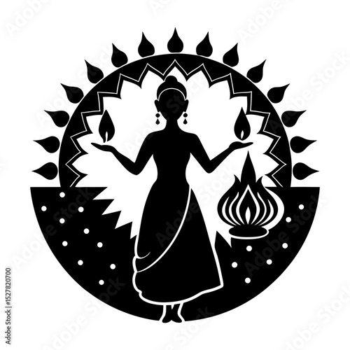 Silhouette of woman holding flames with decorative circular background