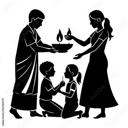 Silhouette of family lighting candles together in a religious ceremony