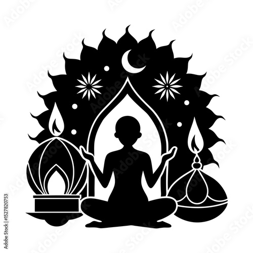 Silhouette of meditating figure with lamps moon and star mandala design