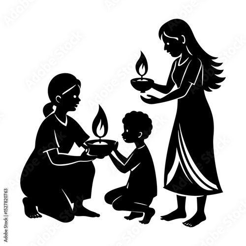 Three people holding lit diyas in a monochrome silhouette illustration