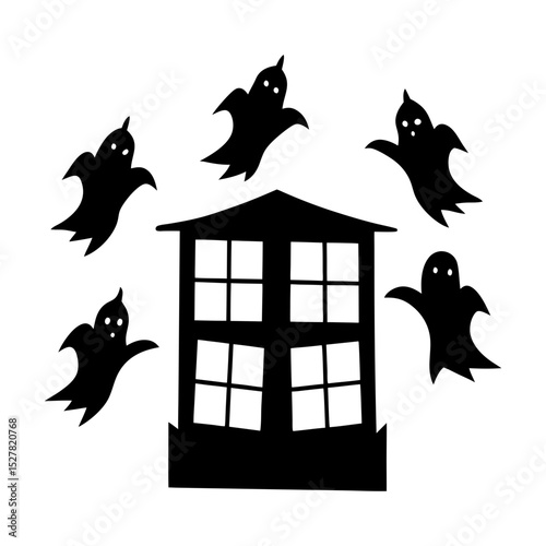 Silhouette of a house with windows and five ghosts flying around it