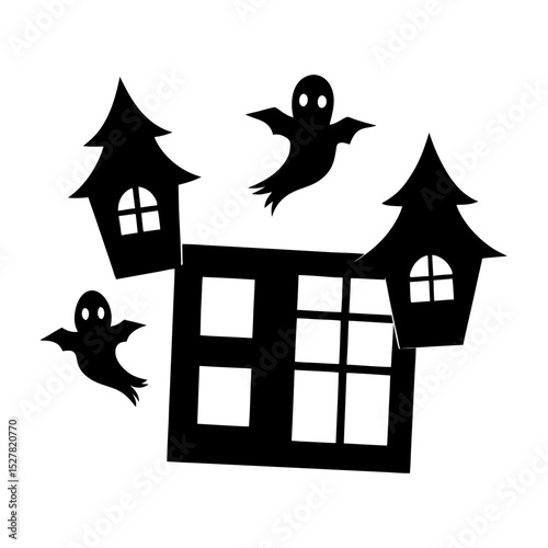 Black halloween silhouettes of haunted houses and ghosts on white background
