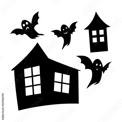 Silhouette halloween scene with ghosts bats and haunted houses vector