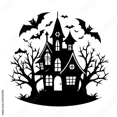 Silhouette of a haunted house with bats flying around on a white background