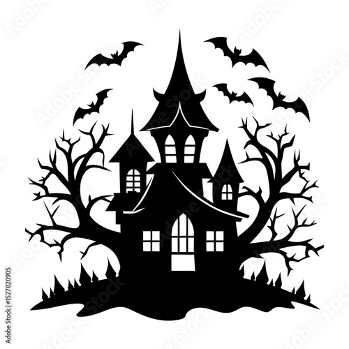 Silhouette of a spooky haunted house with bats and bare trees around it