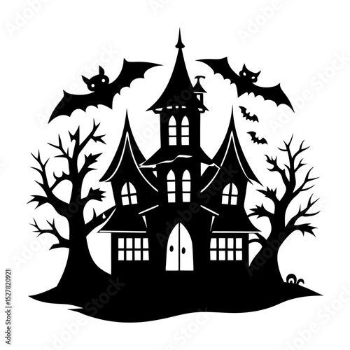 Silhouette of a haunted house with bats flying around on halloween night