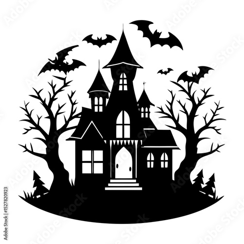 Silhouette of haunted mansion with bats and trees for halloween night