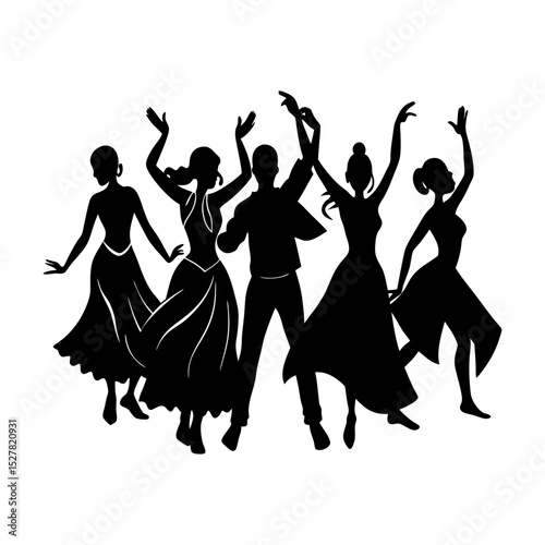 Silhouette illustration of a group of people dancing together in unison