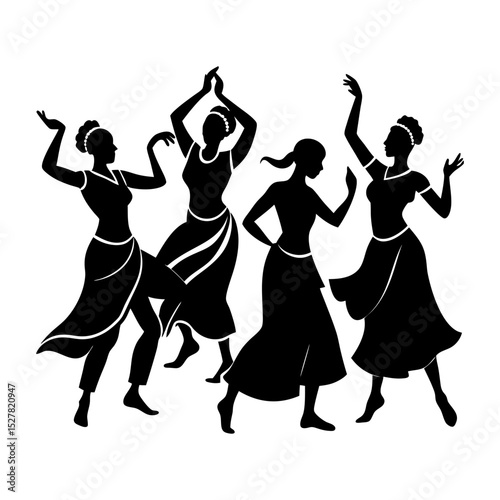 Silhouette illustration of four women dancing in elegant black dresses