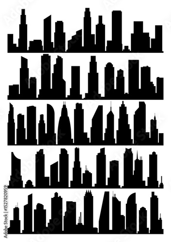 Vector city silhouette collection. Modern urban landscapes. High buildings with windows. Illustration on white background