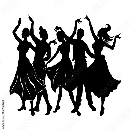 Silhouette illustration of a group of people dancing with arms raised