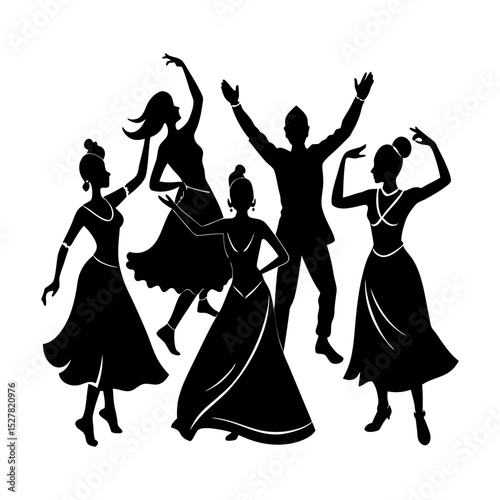 Silhouette illustration of a group of people dancing and celebrating