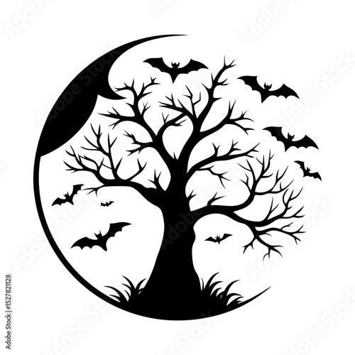 Silhouette of a spooky tree with bats flying around it in a moon circle