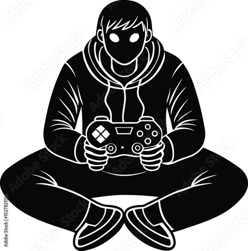 Gamer silhouette seated with wired controller isolated on transparent background