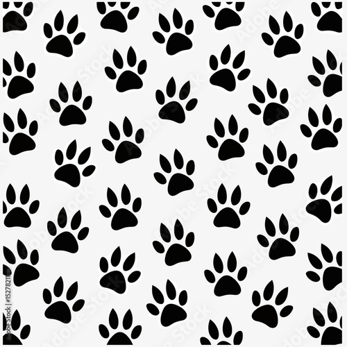 A simple yet charming seamless pattern of black animal paw prints on a white background, ideal for pet-themed wallpaper, fabric, or veterinary branding.
