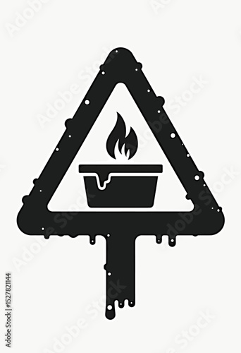 A striking graphic icon of a flammable hazard warning sign, featuring a bold flame symbol within a melting, dripping triangle for a surreal, abstract concept.
