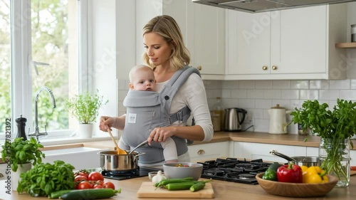 Young mother cooking in kitchen while holding baby in carrier  