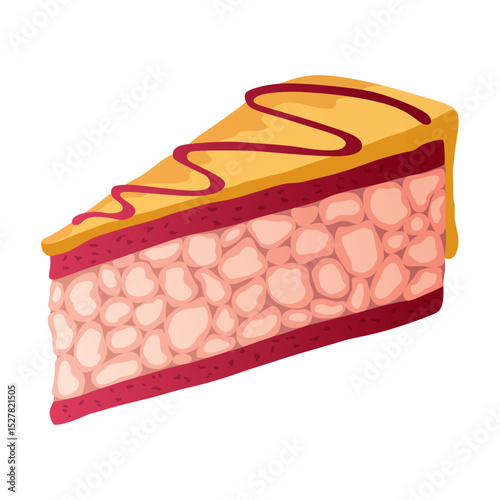 Cake slice. Colorful sweet cake piece, isolated on white. Cafe dessert menu, isometric hand drawn icon. Cute cartoon vector illustration