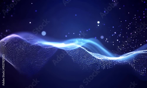 Abstract digital wave with glowing particles flowing across a dark gradient background.