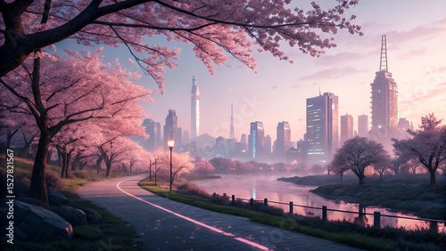 4k pc wallpaper with beautiful city and cherry blosm trees looks realistic