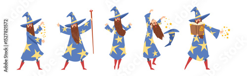 Bearded Man Wizard in Pointed Hat Vector Set